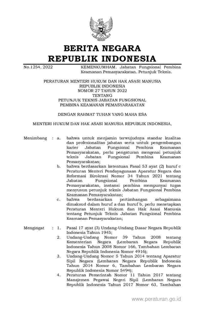 Peraturan Menteri Hukum dan HAM No 27 tahun 2022 tentang Petunjuk Teknis Jabatan Fungsional Pembina Keamanan Pemasyarakatan