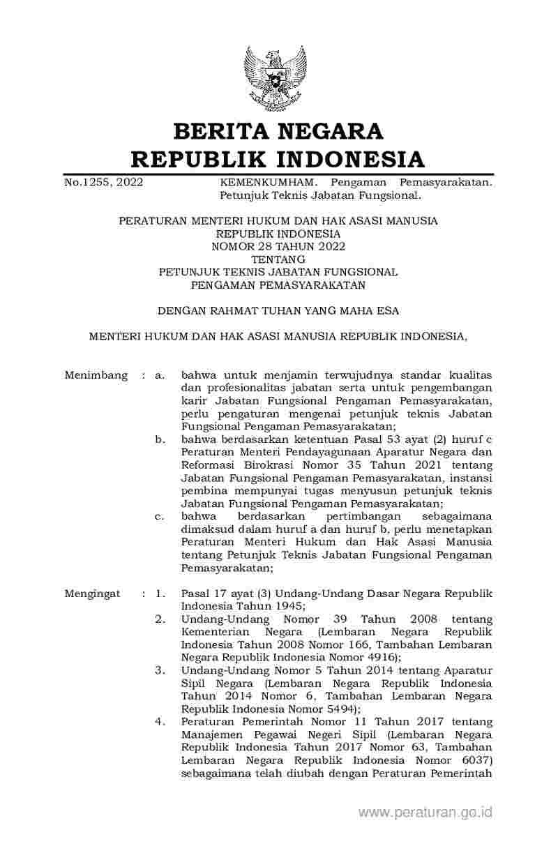 Peraturan Menteri Hukum dan HAM No 28 tahun 2022 tentang Petunjuk Teknis Jabatan Fungsional Pengaman Pemasyarakatan