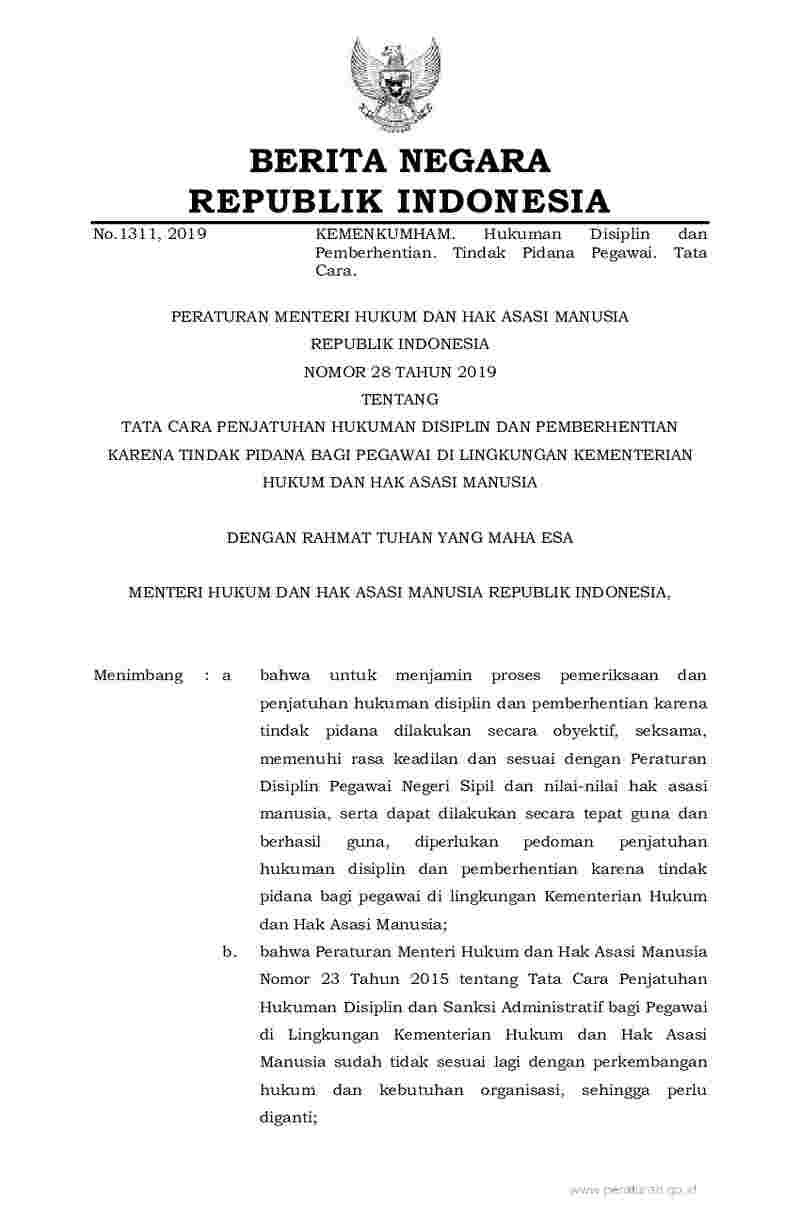 Peraturan Menteri Hukum dan HAM No 28 tahun 2019 tentang Tata Cara Penjatuhan Hukuman Disiplin dan Pemberhentian Karena Tindak Pidana bagi Pegawai di Lingkungan Kementerian Hukum dan Hak Asasi Manusia
