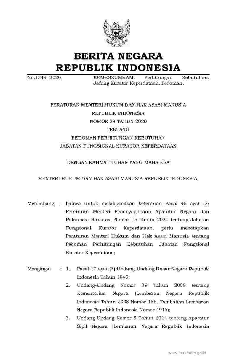 Peraturan Menteri Hukum dan HAM No 29 tahun 2020 tentang Pedoman Perhitungan Kebutuhan Jabatan Fungsional Kurator Keperdataan