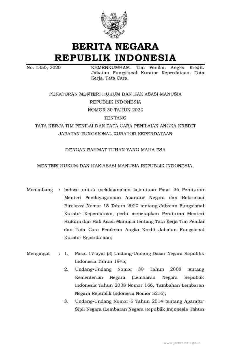Peraturan Menteri Hukum dan HAM No 30 tahun 2020 tentang Tata Kerja Tim Penilai dan Tata Cara Penilaian Angka Kredit Jabatan Fungsional Kurator Keperdataan