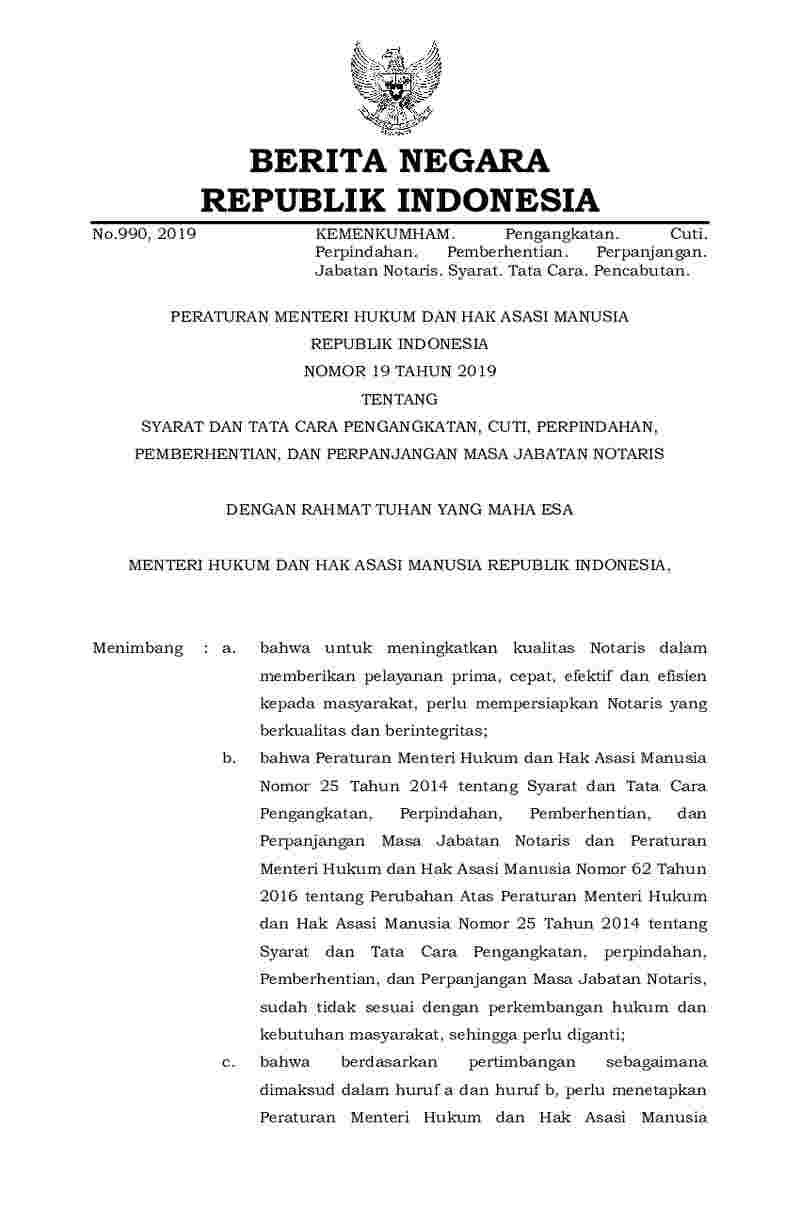 Peraturan Menteri Hukum dan HAM No 19 tahun 2019 tentang Syarat dan Tata Cara Pengangkatan, Cuti, Perpindahan, Pemberhentian, dan Perpanjangan Masa Jabatan Notaris