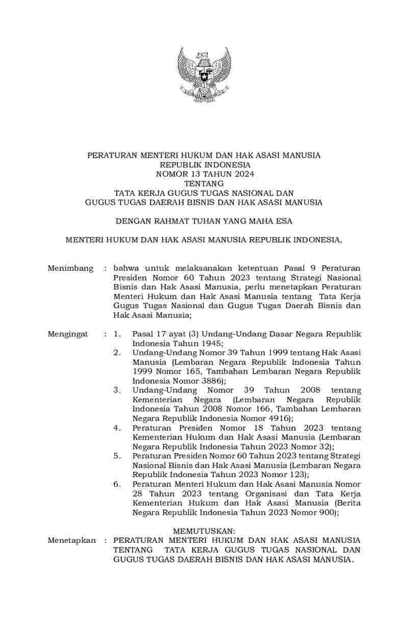 Peraturan Menteri Hukum dan HAM No 13 tahun 2024 tentang Tata Kerja Gugus Tugas Nasional dan Gugus Tugas Daerah Bisnis dan Hak Asasi Manusia