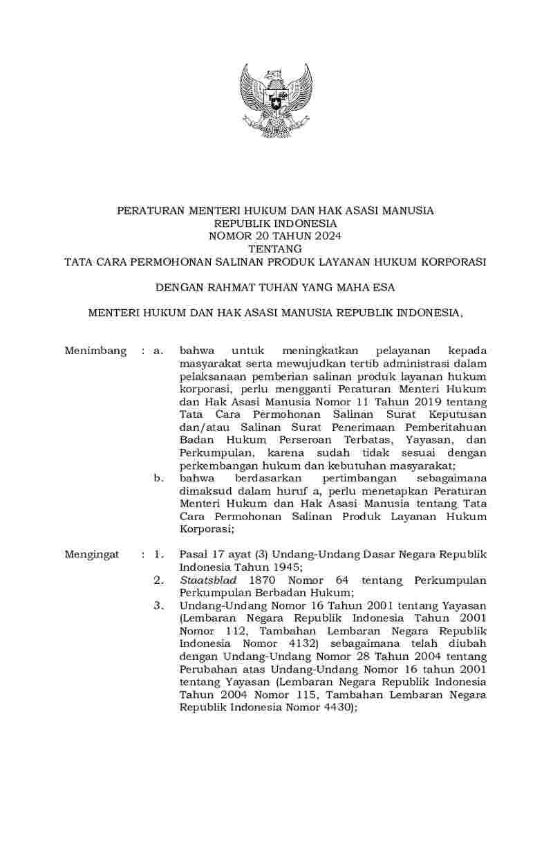 Peraturan Menteri Hukum dan HAM No 20 tahun 2024 tentang Tata Cara Permohonan Salinan Produk Layanan Hukum Korporasi