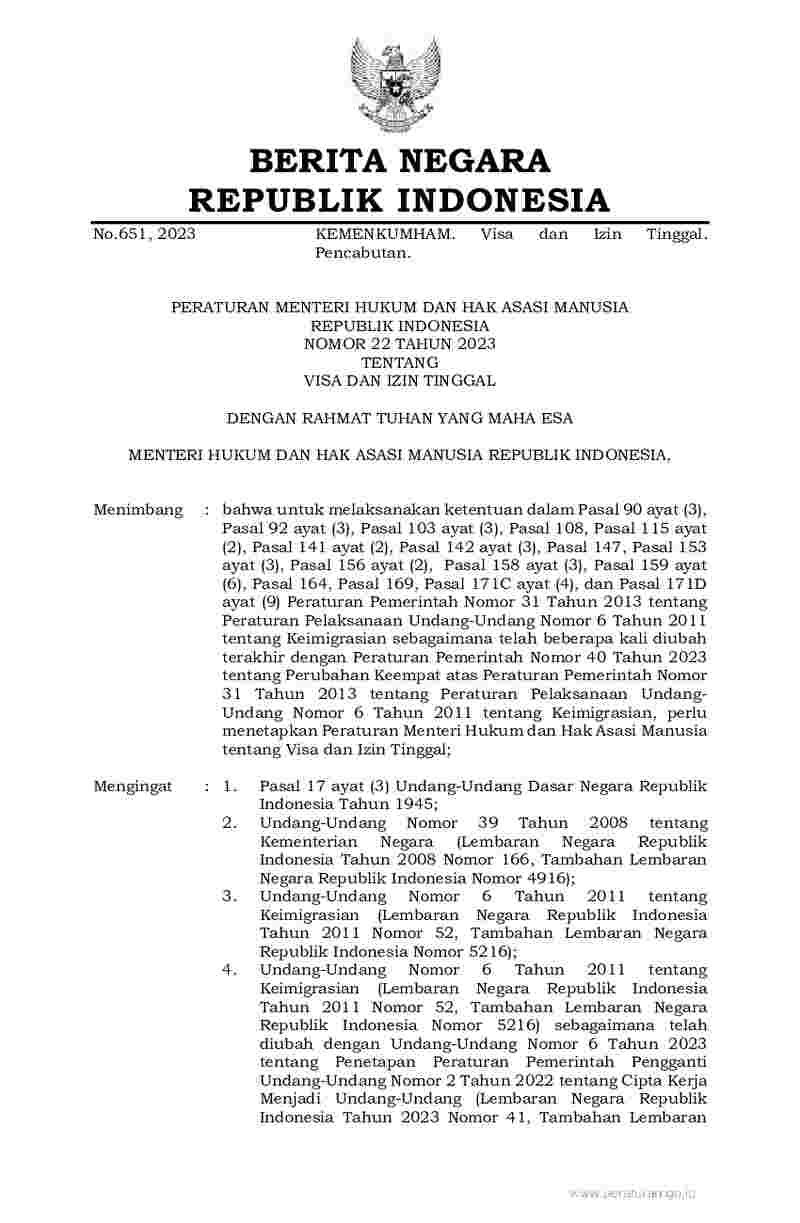 Peraturan Menteri Hukum dan HAM No 22 tahun 2023 tentang Visa dan Izin Tinggal