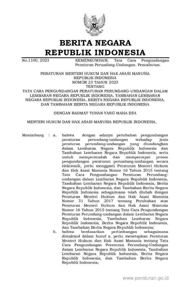 Peraturan Menteri Hukum dan HAM No 23 tahun 2023 tentang Tata Cara Pengundangan Peraturan Perundang-Undangan dalam Lembaran Negara Republik Indonesia, Tambahan Lembaran Negara Republik Indonesia, Berita Negara Republik Indonesia, dan Tambahan Berita Negara Republik Indonesia