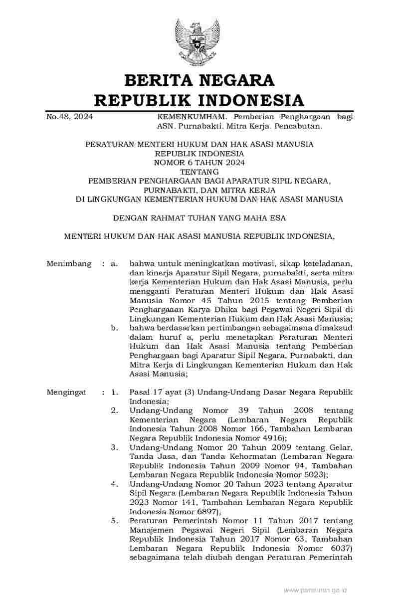 Peraturan Menteri Hukum dan HAM No 6 tahun 2024 tentang Pemberian Penghargaan bagi Aparatur Sipil Negara, Purnabakti, dan Mitra Kerja di Lingkungan Kementerian Hukum dan Hak Asasi Manusia