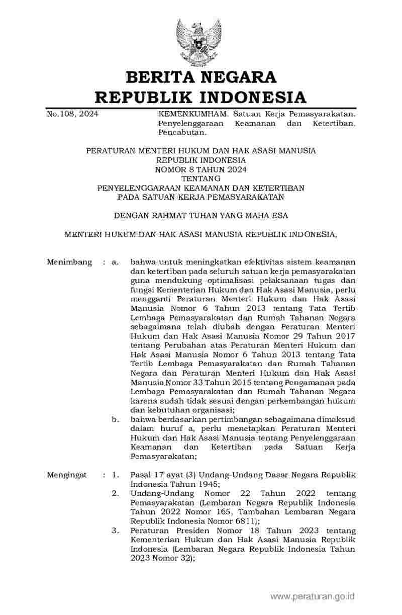 Peraturan Menteri Hukum dan HAM No 8 tahun 2024 tentang Penyelenggaraan Keamanan dan Ketertiban pada Satuan Kerja Pemasyarakatan