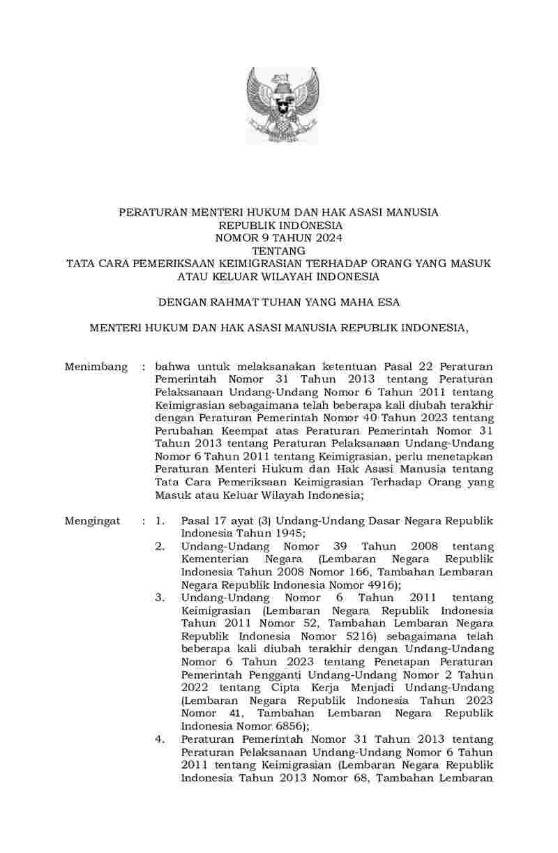 Peraturan Menteri Hukum dan HAM No 9 tahun 2024 tentang Tata Cara Pemeriksaan Keimigrasian Terhadap Orang yang Masuk atau Keluar Wilayah Indonesia