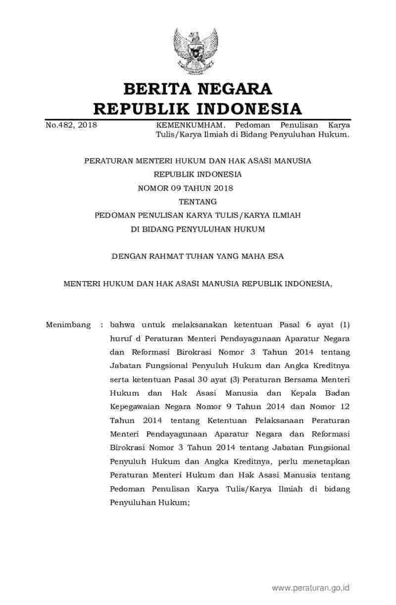 Peraturan Menteri Hukum dan HAM No 9 tahun 2018 tentang Pedoman Penulisan Karya Tulis/Karya Ilmiah di Bidang Penyuluhan Hukum