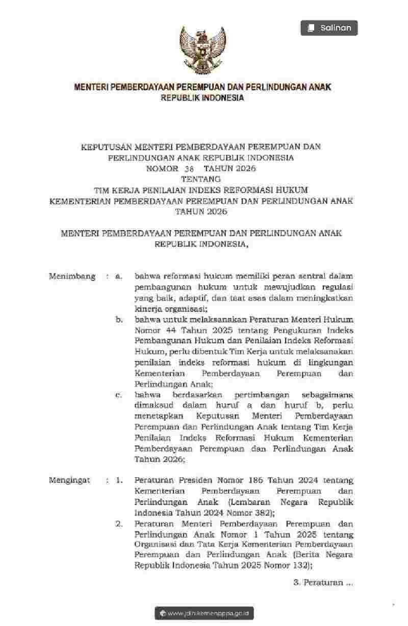 Keputusan Menteri Pemberdayaan Perempuan Dan Perlindungan Anak No 38 tahun 2026 tentang Tim Kerja Penilaian Indeks Reformasi Hukum Kementerian Pemberdayaan Perempuan dan Perlindungan Anak Tahun 2026