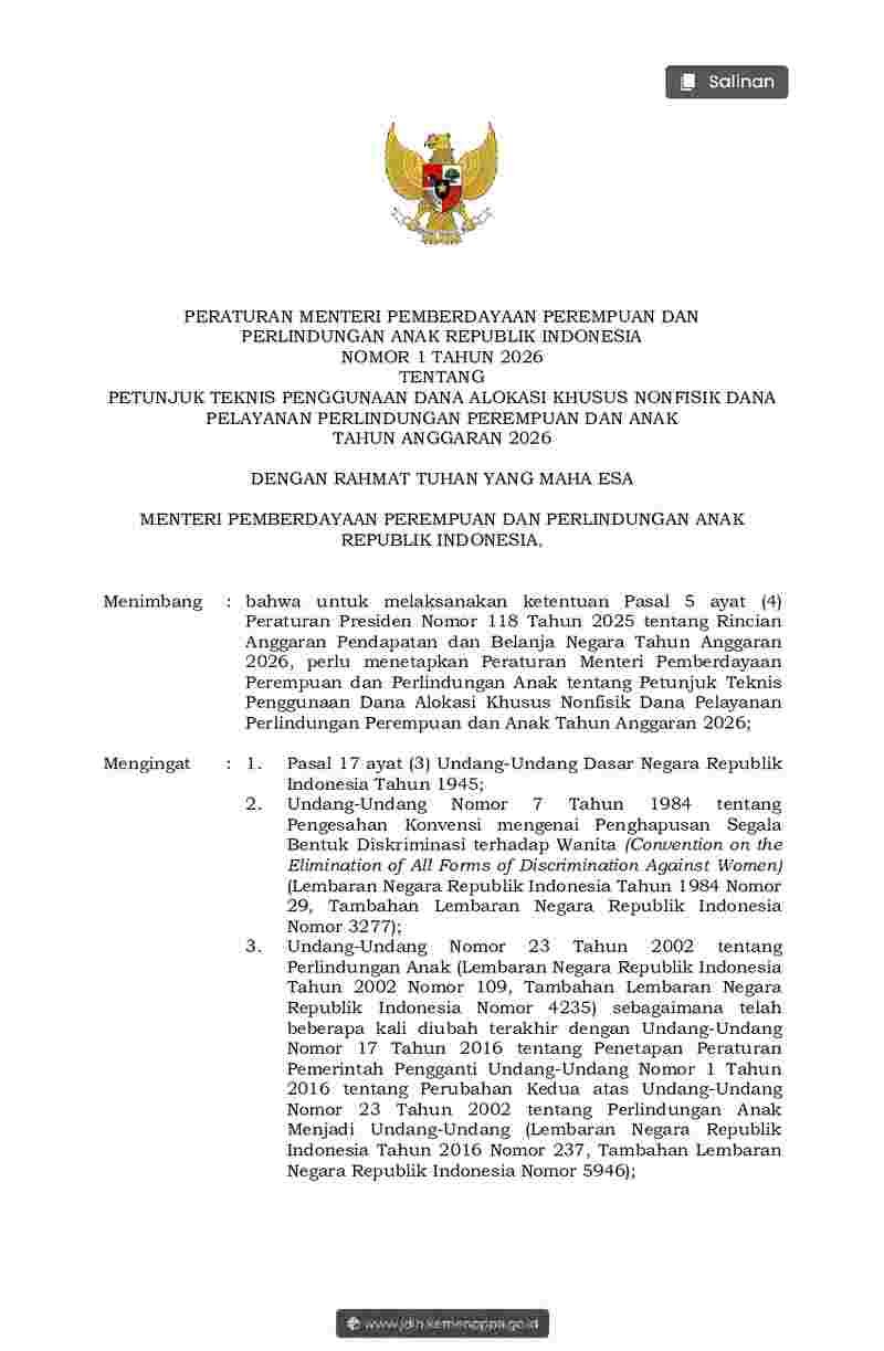 Peraturan Menteri Pemberdayaan Perempuan Dan Perlindungan Anak No 1 tahun 2026 tentang Petunjuk Teknis Penggunaan Dana Alokasi Khusus Nonfisik Dana Pelayanan Perlindungan Perempuan dan Anak Tahun Anggaran 2026