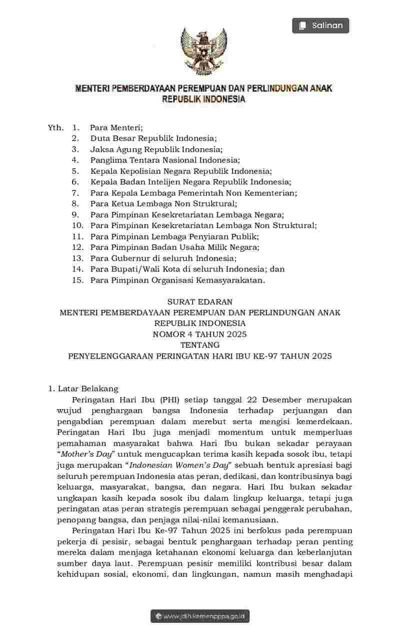 Surat Edaran Menteri Pemberdayaan Perempuan Dan Perlindungan Anak No 4 tahun 2025 tentang Penyelenggaraan Peringatan Hari Ibu Ke-97 Tahun 2025