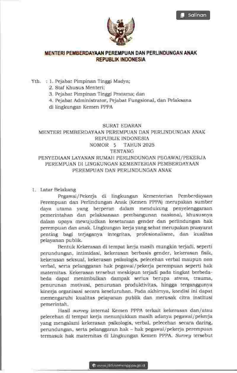 Surat Edaran Menteri Pemberdayaan Perempuan Dan Perlindungan Anak No 5 tahun 2025 tentang Penyediaan Layanan Rumah Perlindungan Pegawai/Pekerja Perempuan di Lingkungan Kementerian Pemberdayaan Perempuan dan Perlindungan Anak