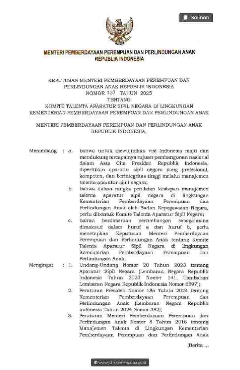 Keputusan Menteri Pemberdayaan Perempuan Dan Perlindungan Anak No 137 tahun 2025 tentang Komite Talenta Aparatur Sipil Negara di Lingkungan Kementerian Pemberdayaan Perempuan dan Perlindungan Anak