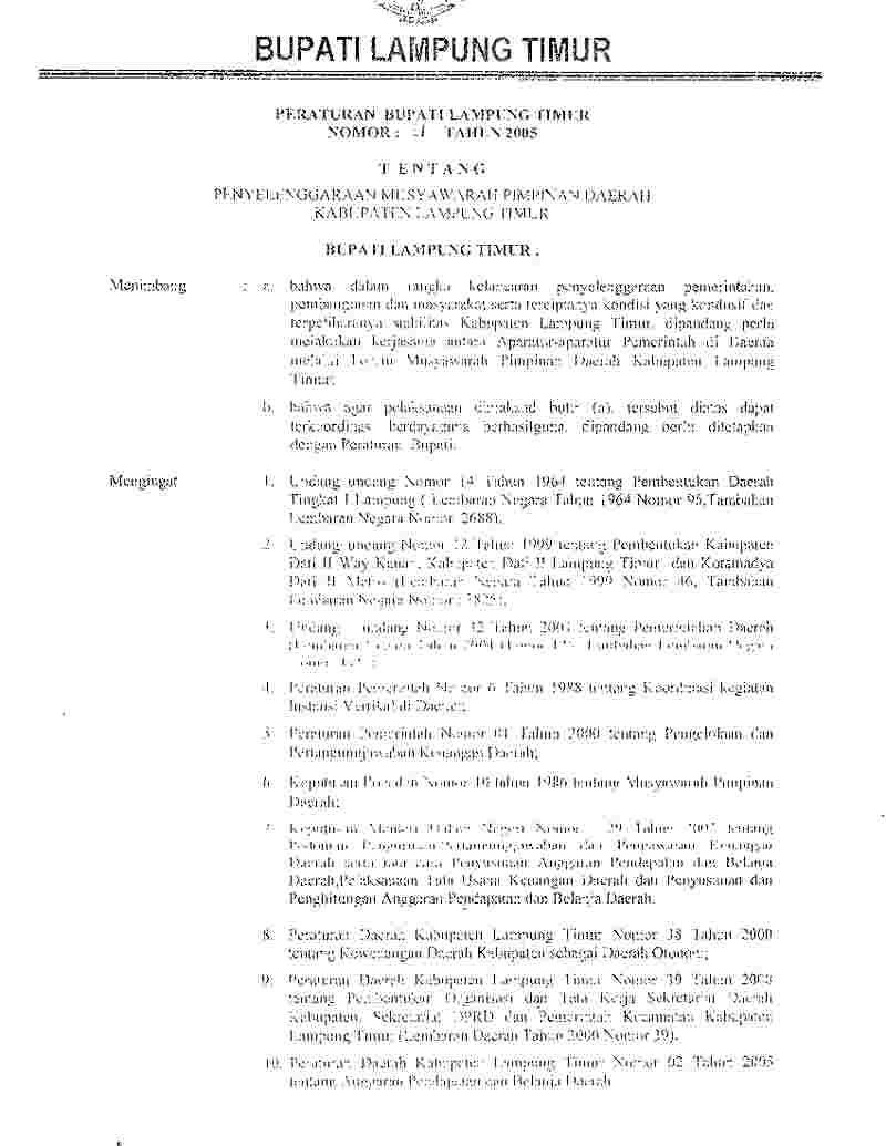 Peraturan Bupati Lampung Timur No 11 tahun 2005 tentang Penyelenggaraan Musyawarah Pimpinan Daerah Kabupaten Lampung Timur 