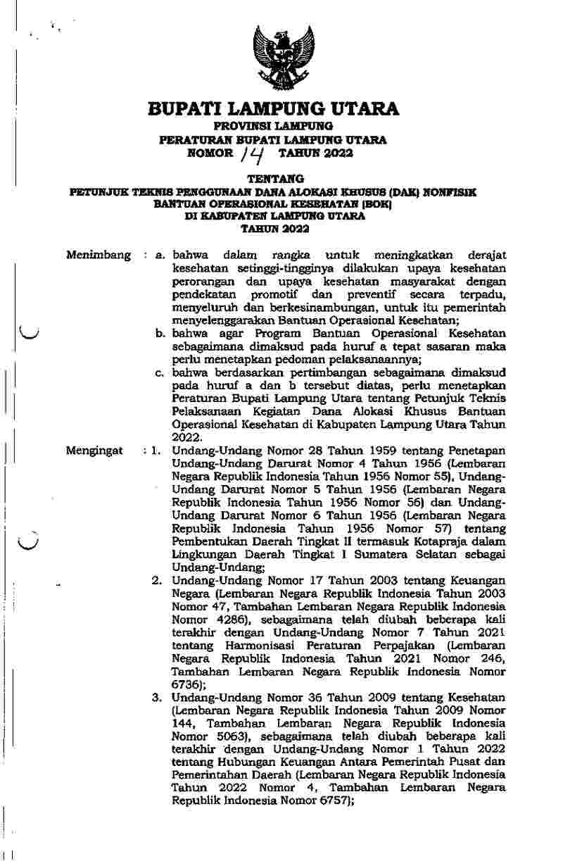 Peraturan Bupati Lampung Utara No 14 tahun 2022 tentang Petunjuk Teknis Penggunaan Dana Alokasi Khusus (DAK) Nonfisik Bantuan Operasional Kesehatan (BOK) di Kabupaten Lampung Utara Tahun 2022