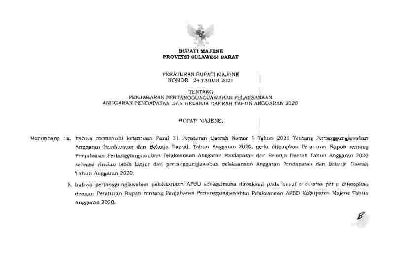 Peraturan Bupati Majene  No 24 tahun 2021 tentang Penjabaran Pertanggungjawaban Pelaksanaan Anggaran Pendapatan dan Belanja Daerah Tahun Anggaran 2020