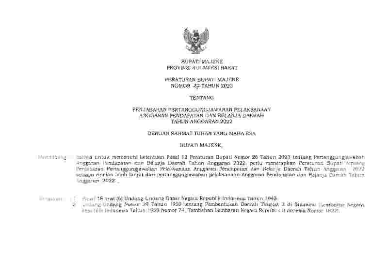 Peraturan Bupati Majene  No 27 tahun 2023 tentang Penjabaran Pertanggungjawaban Pelaksanaan Anggaran Pendapatan dan Belanja Daerah Tahun Anggaran 2022