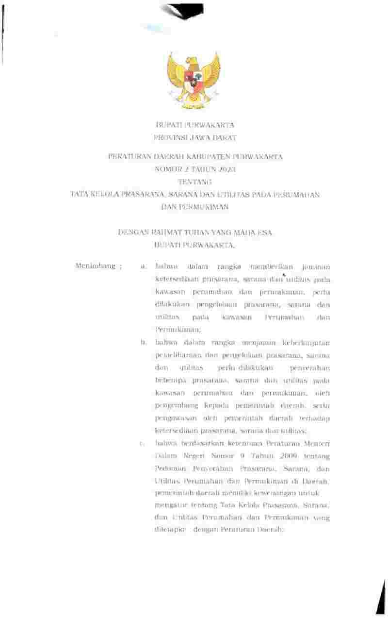 Peraturan Daerah Kabupaten Purwakarta No 2 tahun 2023 tentang Tata Kelola Prasarana, Sarana dan Utilitas pada Perumahan dan Permukiman