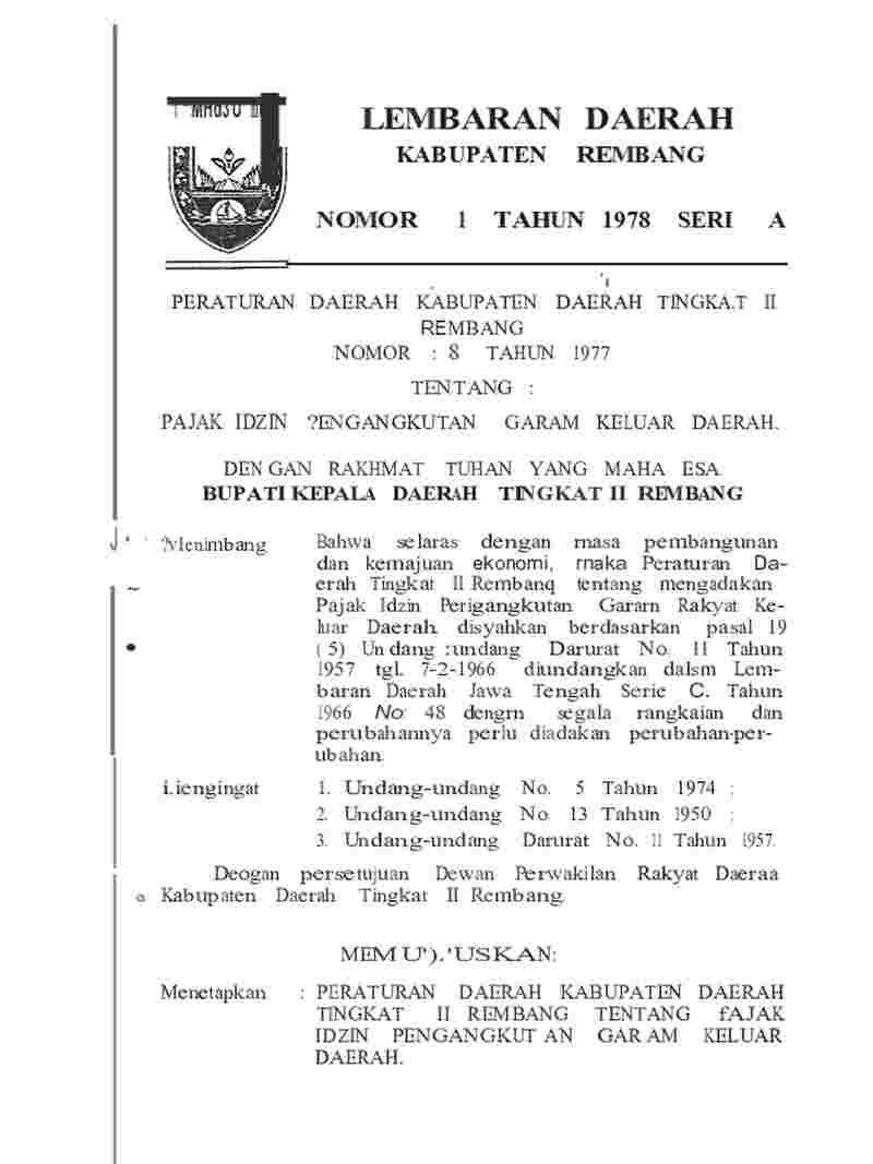 Peraturan Daerah Kabupaten Rembang No 8 tahun 1977 tentang Pajak Idzin Pengangkutan Garam Keluar Daerah