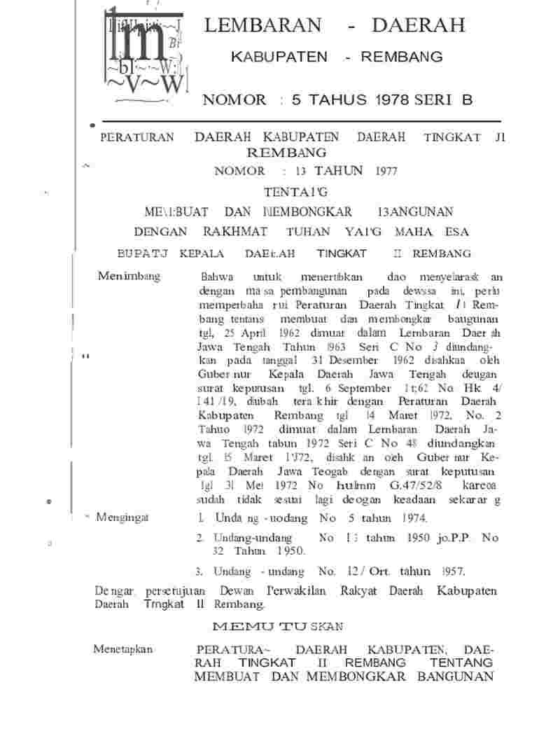 Peraturan Daerah Kabupaten Rembang No 13 tahun 1977 tentang Membuat dan Membongkar Bangunan