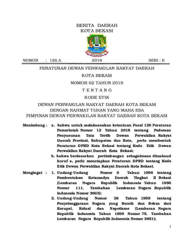 Peraturan Walikota Bekasi No 126A tahun 2019 tentang Dewan Perwakilan Rakyat Daerah Kota Bekasi