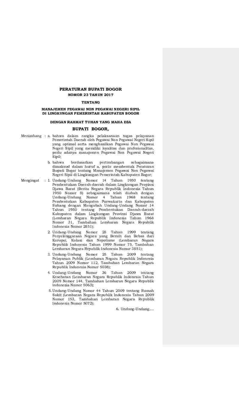 Peraturan Bupati Bogor No 23 tahun 2017 tentang Manajemen Pegawai Non Pegawai Negeri Sipil di  Lingkungan Pemerintah Kabupaten Bogor