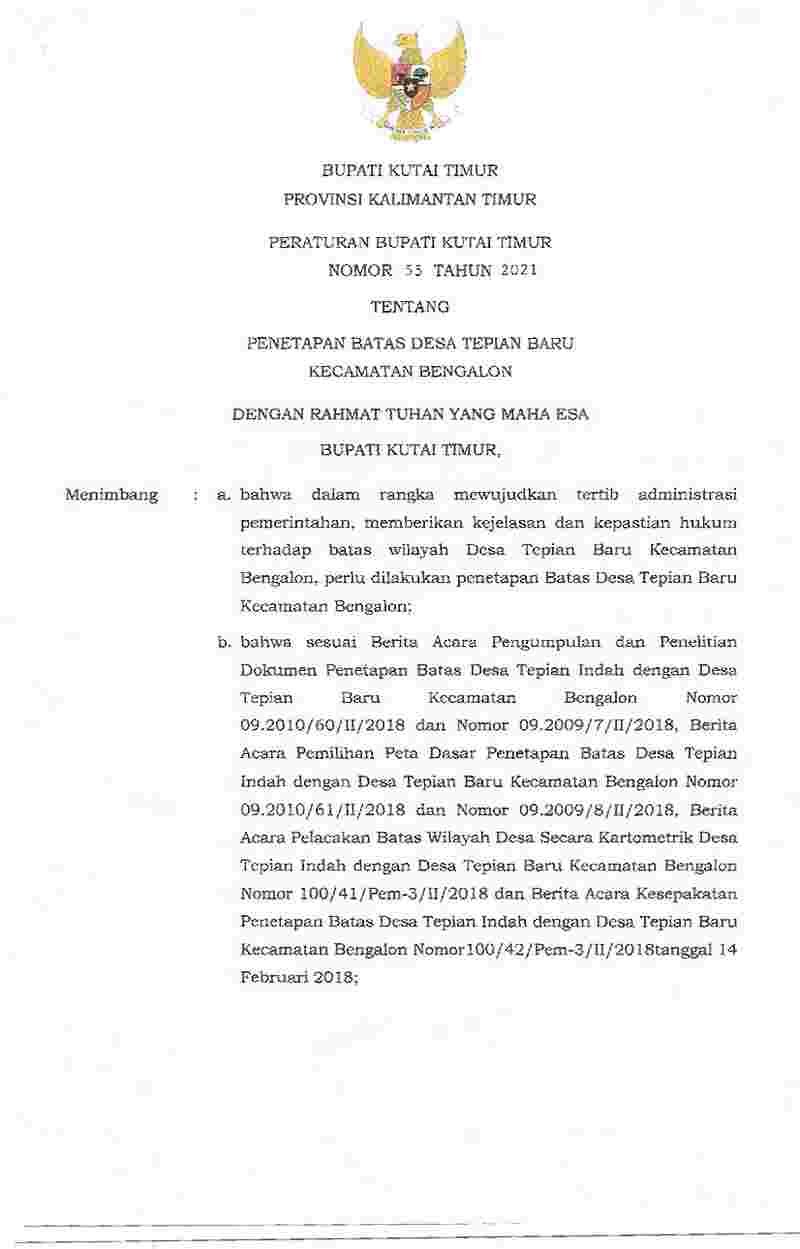 Peraturan Bupati Kutai Timur No 55 tahun 2021 tentang Penetapan Batas Desa Tepian Baru Kecamatan Bengalon