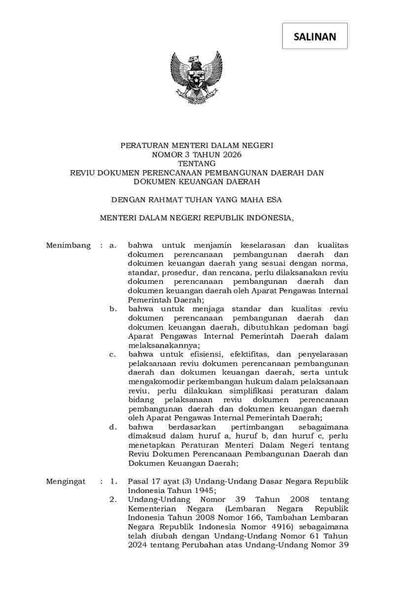 Peraturan Menteri Dalam Negeri No 3 tahun 2026 tentang Reviu Dokumen Perencanaan Pembangunan Daerah dan Dokumen Keuangan Daerah