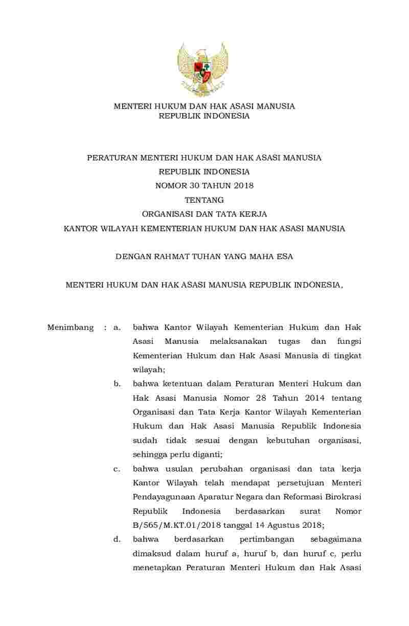Peraturan Menteri Hukum dan HAM No 30 tahun 2018 tentang Organisasi dan Tata Kerja Kantor Wilayah Kementerian Hukum dan Hak Asasi Manusia