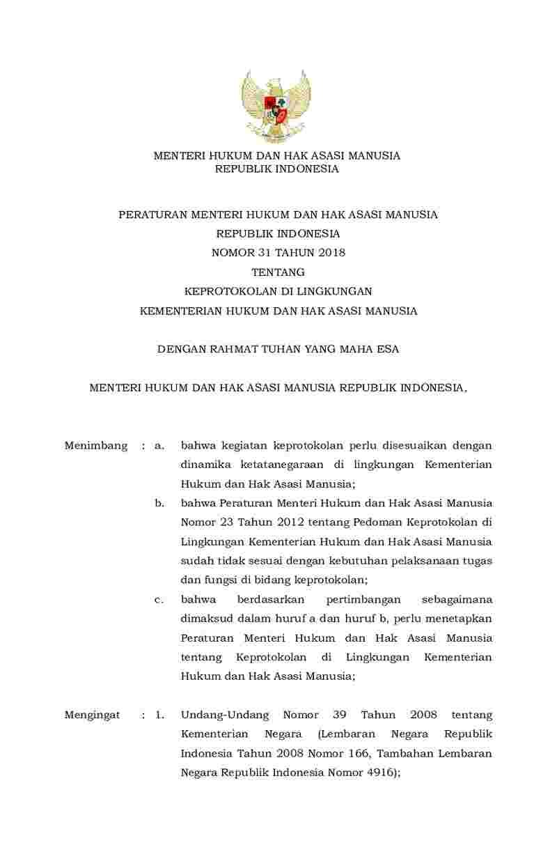 Peraturan Menteri Hukum dan HAM No 31 tahun 2018 tentang Keprotokolan di Lingkungan Kementerian Hukum dan Hak Asasi Manusia