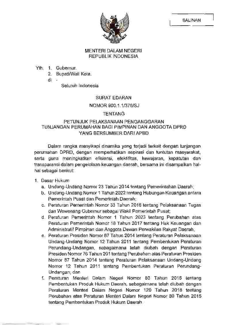 Surat Edaran Menteri Dalam Negeri No  900.1.1/376/SJ tahun 2026 tentang Petunjuk Pelaksanaan Penganggaran Tunjangan Perumahan bagi Pimpinan dan Anggota DPRD yang Bersumber dari APBD