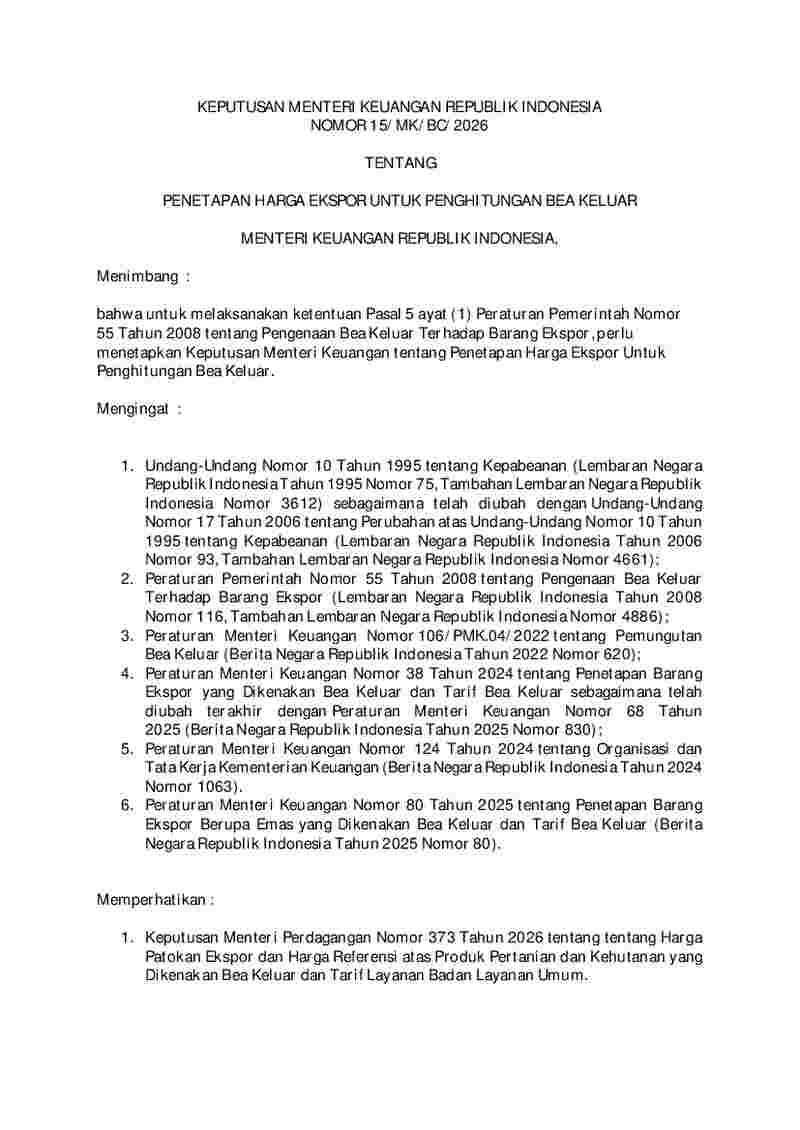Keputusan Menteri Keuangan No 15/MK/BC/2026 tahun 2026 tentang Penetapan Harga Ekspor untuk Penghitungan Bea Keluar 