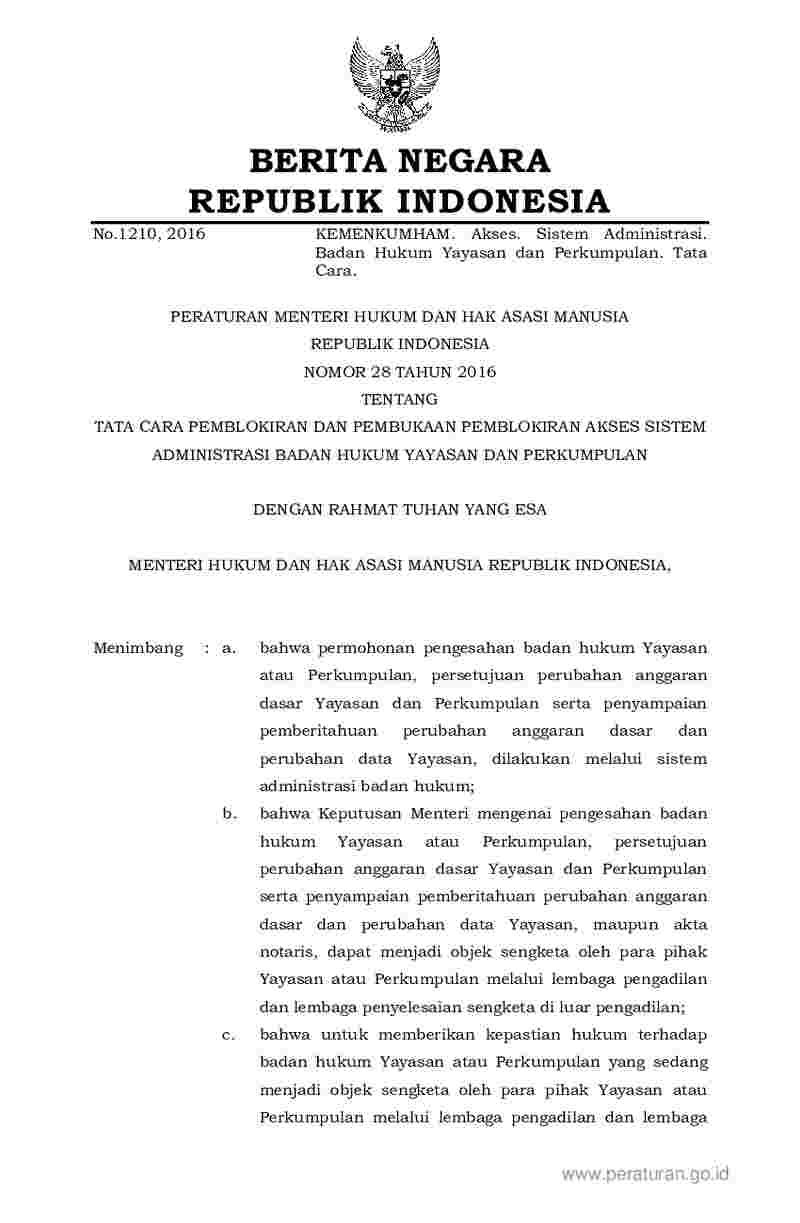 Peraturan Menteri Hukum dan HAM No 28 tahun 2016 tentang Tata Cara Pemblokiran dan Pembukaan Pemblokiran Akses Sistem Administrasi Badan Hukum Yayasan dan Perkumpulan