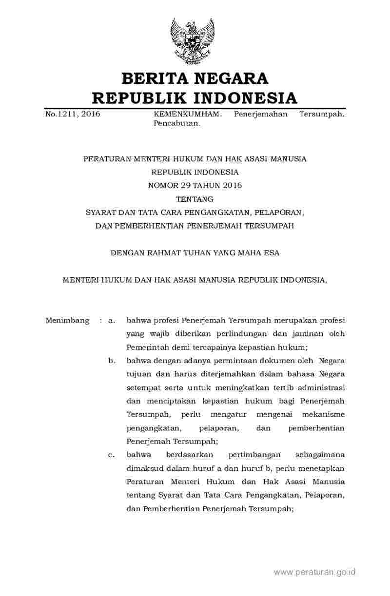 Peraturan Menteri Hukum dan HAM No 29 tahun 2016 tentang Syarat dan Tata Cara Pengangkatan, Pelaporan, dan Pemberhentian Penerjemah Tersumpah