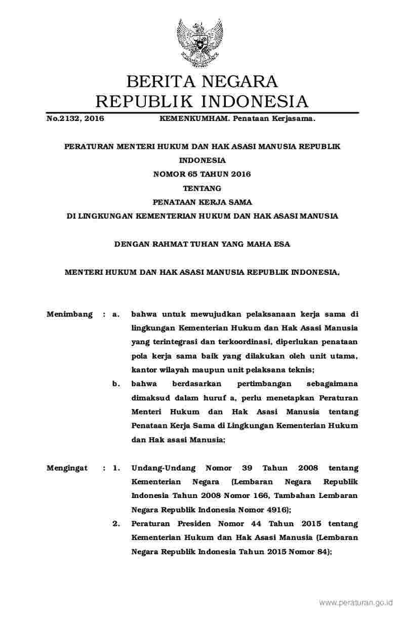Peraturan Menteri Hukum dan HAM No 65 tahun 2016 tentang Penataan Kerja Sama di Lingkungan Kementerian Hukum dan Hak Asasi Manusia 