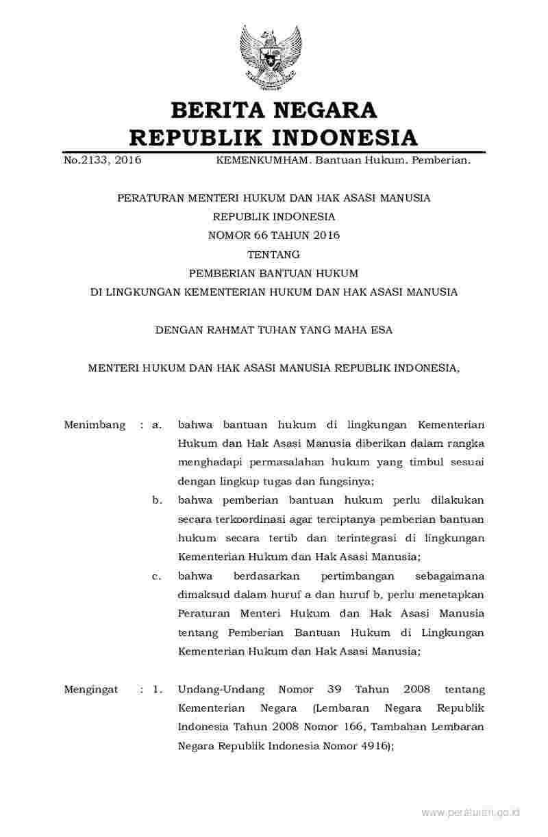 Peraturan Menteri Hukum dan HAM No 66 tahun 2016 tentang Pemberian Bantuan Hukum di Lingkungan Kementerian Hukum dan Hak Asasi Manusia