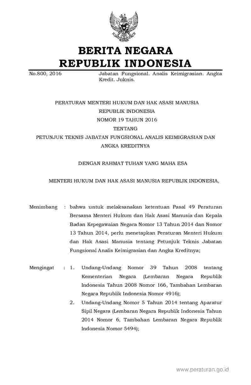 Peraturan Menteri Hukum dan HAM No 19 tahun 2016 tentang Petunjuk Teknis Jabatan Fungsional Analis Keimigrasian dan Angka Kreditnya