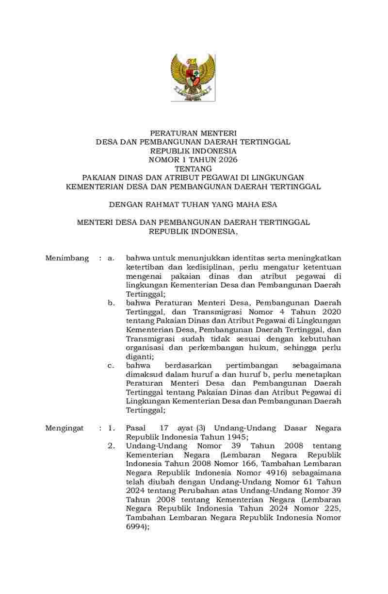Peraturan Menteri Desa dan Pembangunan Daerah Tertinggal No 1 tahun 2026 tentang Pakaian Dinas dan Atribut Pegawai di Lingkungan Kementerian Desa dan Pembangunan Daerah Tertinggal