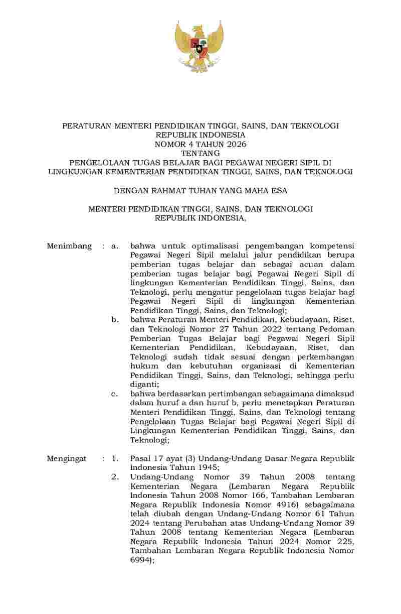Peraturan Menteri Pendidikan Tinggi, Sains, dan Teknologi No 4 tahun 2026 tentang Pengelolaan Tugas Belajar bagi Pegawai Negeri Sipil di Lingkungan Kementerian Pendidikan Tinggi, Sains, dan Teknologi