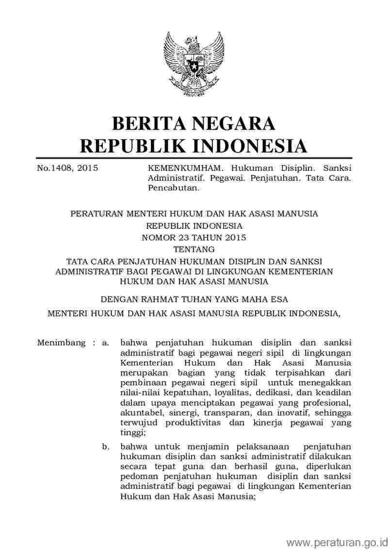 Peraturan Menteri Hukum dan HAM No 23 tahun 2015 tentang Tata Cara Penjatuhan Hukuman Disiplin dan Sanksi Administratif bagi Pegawai di Lingkungan Kementerian Hukum dan Hak Asasi Manusia