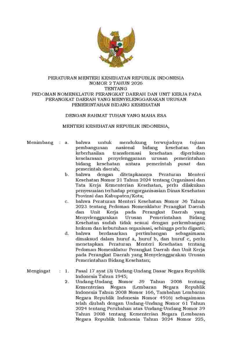Peraturan Menteri Kesehatan No 2 tahun 2026 tentang Pedoman Nomenklatur Perangkat Daerah dan Unit Kerja pada Perangkat Daerah yang Menyelenggarakan Urusan Pemerintahan Bidang Kesehatan 