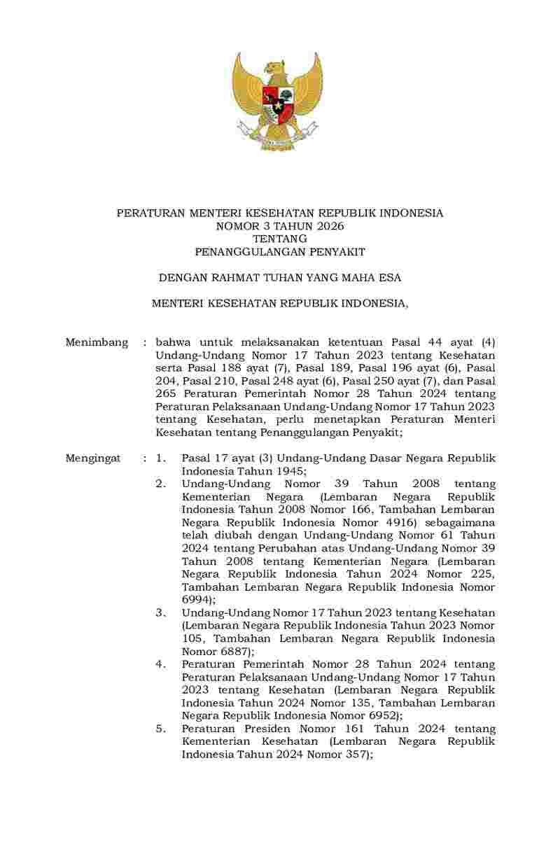 Peraturan Menteri Kesehatan No 3 tahun 2026 tentang Penanggulangan Penyakit