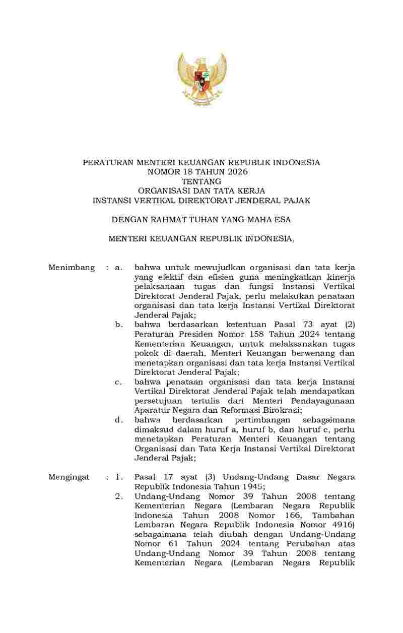 Peraturan Menteri Keuangan No 18 tahun 2026 tentang Organisasi dan Tata Kerja Instansi Vertikal Direktorat Jenderal Pajak