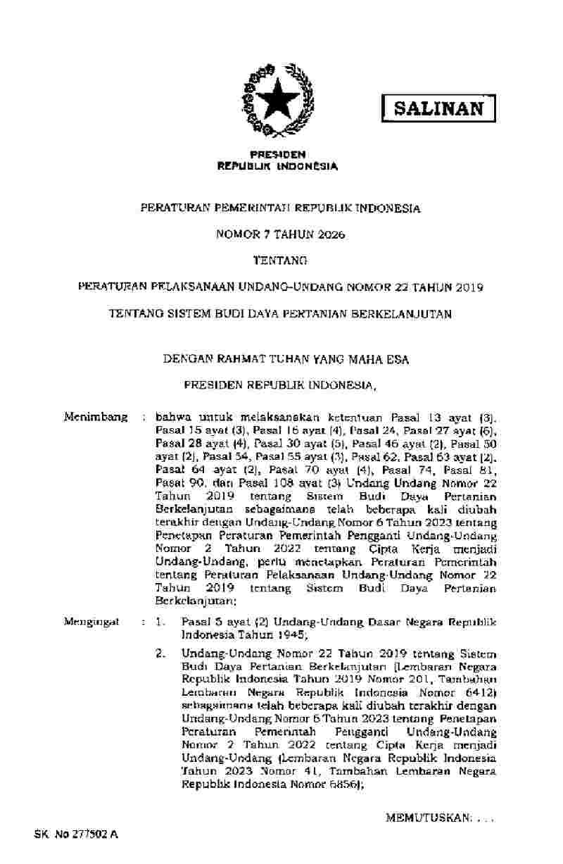 Peraturan Pemerintah No 7 tahun 2026 tentang Peraturan Pelaksanaan Undang-Undang Nomor 22 Tahun 2Oi9 tentang Sistem Budi Daya Pertanlan Berkelanjutan