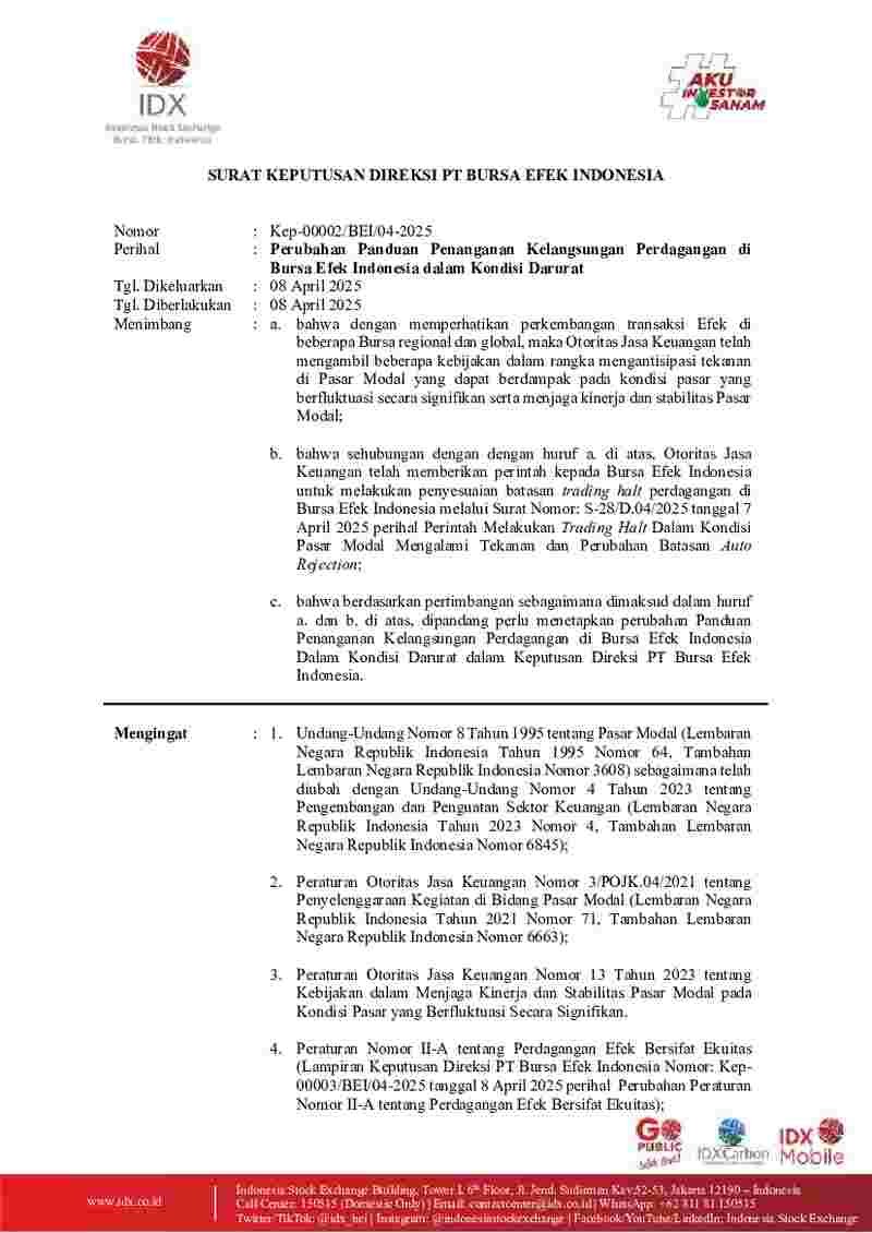 Keputusan Direksi Bursa Efek Indonesia (BEI) No Kep-00002/BEI/04-2025 tahun 2025 tentang Perubahan Panduan Penanganan Kelangsungan Perdagangan di  Bursa Efek Indonesia dalam Kondisi Darurat