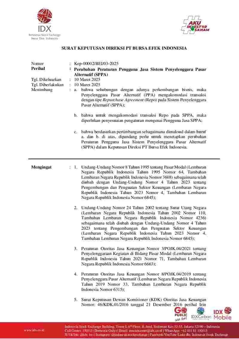 Keputusan Direksi Bursa Efek Indonesia (BEI) No Kep-00002/BEI/03-2025 tahun 2025 tentang Perubahan Peraturan Pengguna Jasa Sistem Penyelenggara Pasar Alternatif (SPPA) 