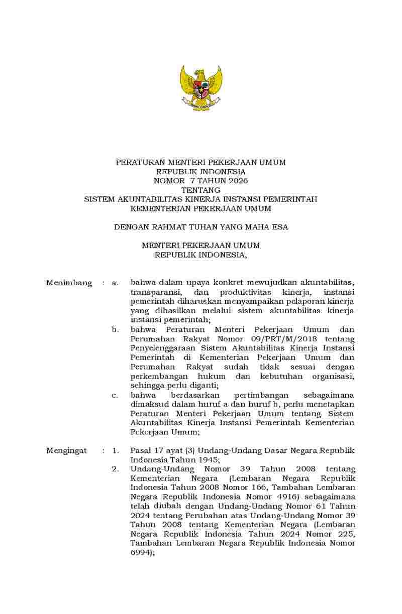 Peraturan Menteri Pekerjaan Umum No 7 tahun 2026 tentang Sistem Akuntabilitas Kinerja Instansi Pemerintah Kementerian Pekerjaan Umum