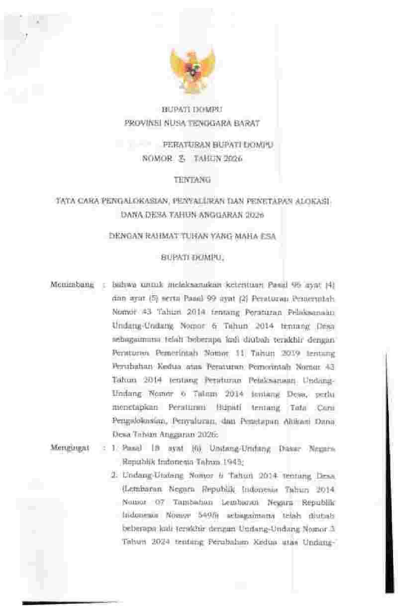 Peraturan Bupati Dompu No 3 tahun 2026 tentang Tata Cara Pengalokasian, Penyaluran dan Penetapan Alokasi Dana Desa Tahun Anggaran 2026 